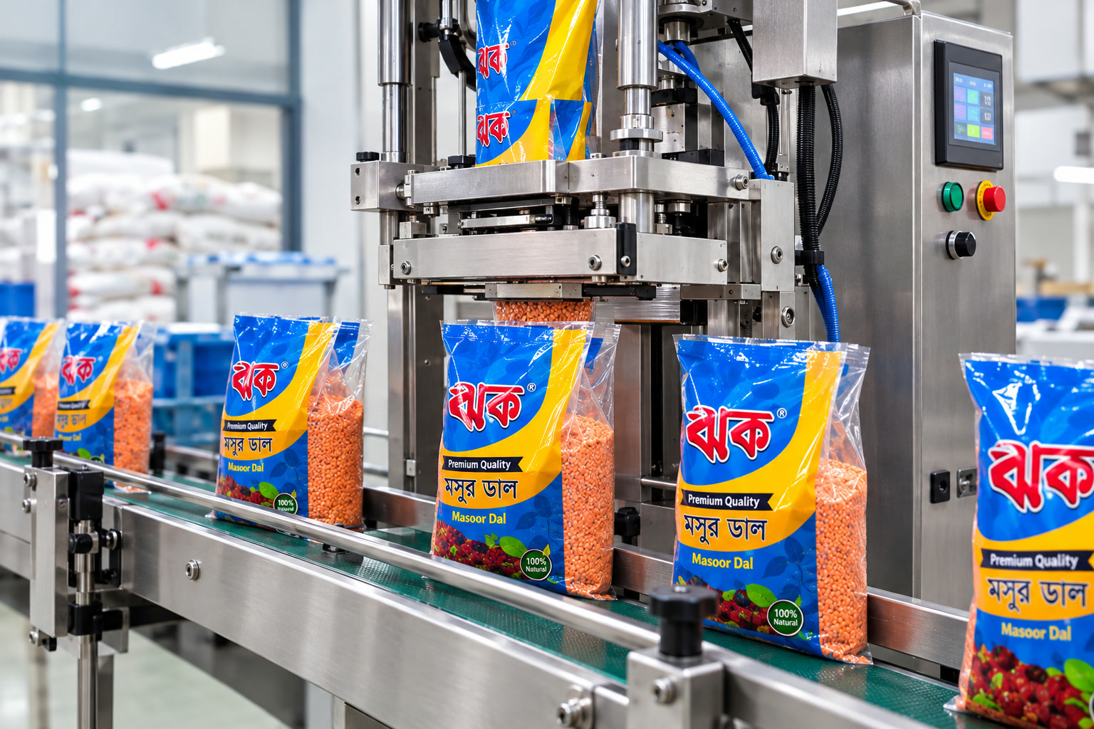 Automated packaging line filling and sealing consumer packs
