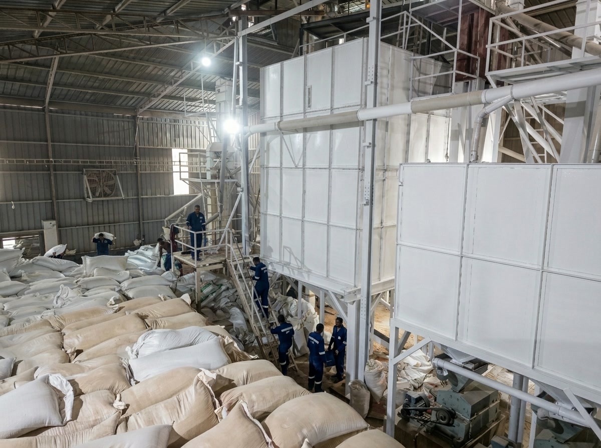 Inside the Pabna lentil mill, with bagged stock beneath the processing line