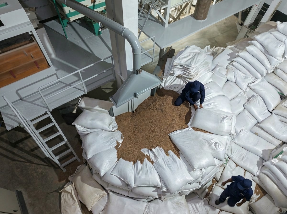 Workers moving bagged lentils at the intake